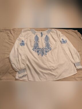Hungarian White And Blue Embroidered Blouse